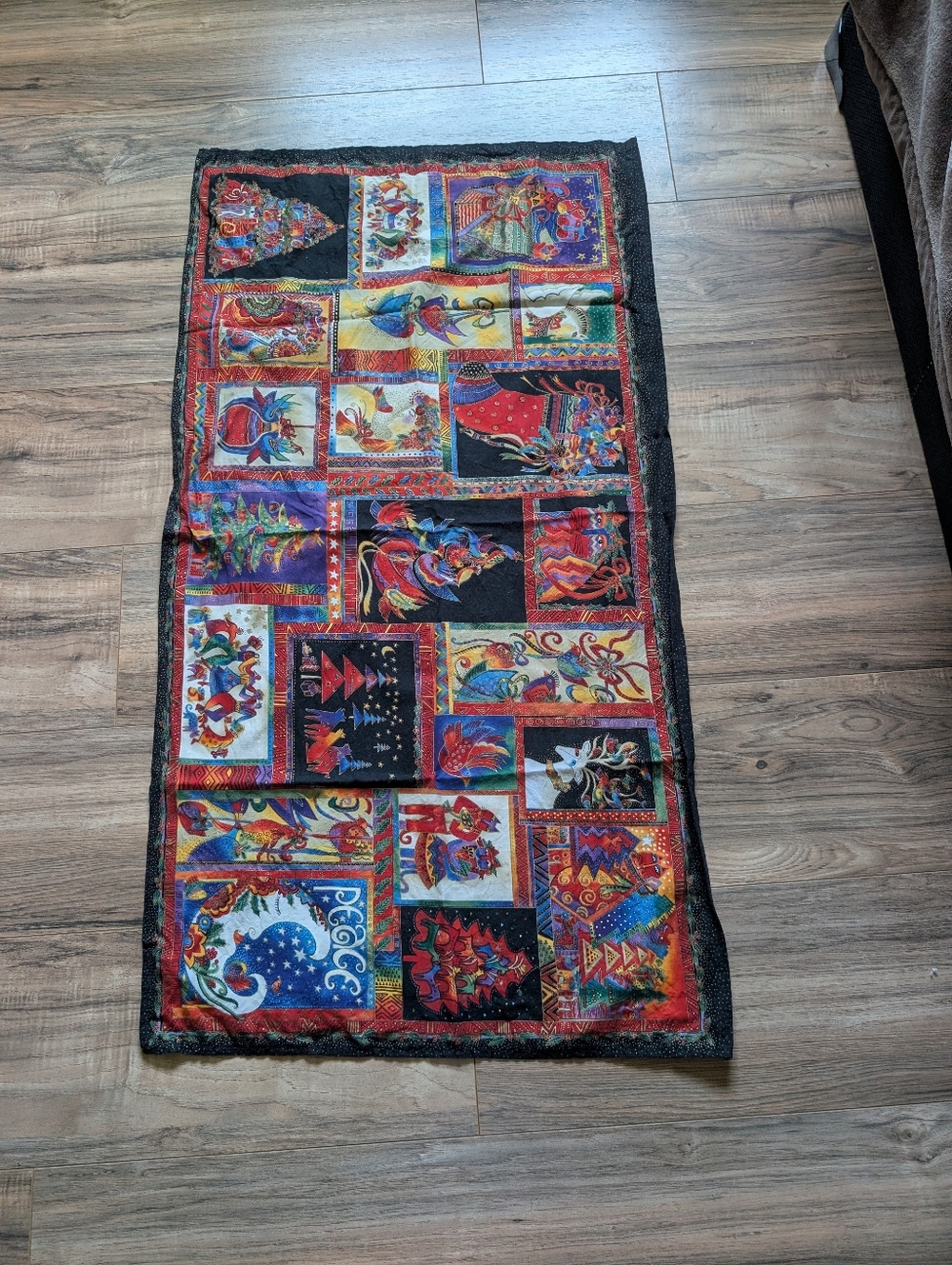 Laurel Burch Christmas Cat Quilt Wall Hanging Holiday Handmade Rainbow